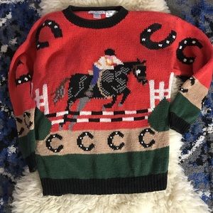Raphael’s Red Equestrian Graphic Sweater Horse Hunter Jumper Hand Knit Small